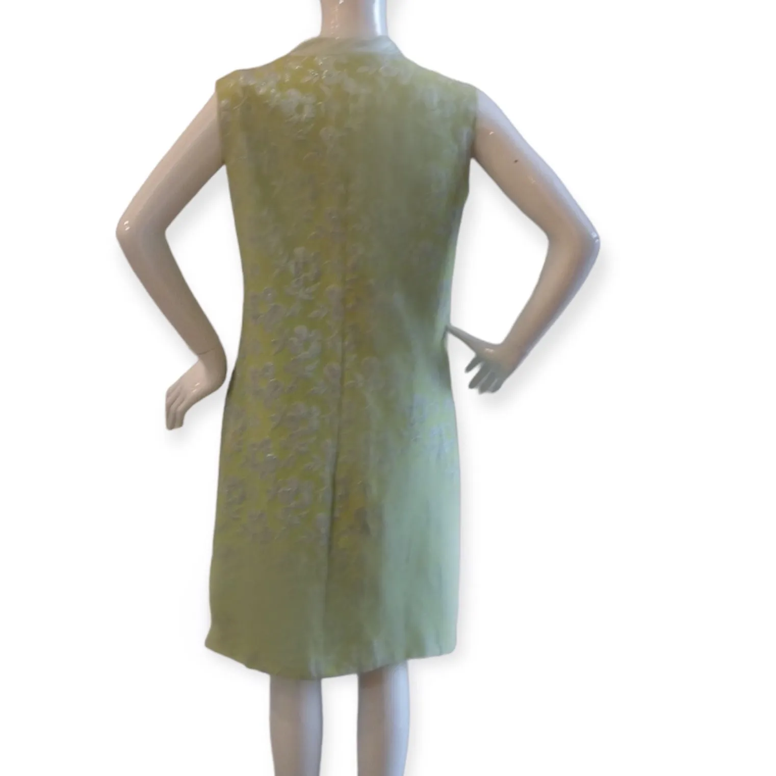 Vintage 60s Mod Lime Green & Silver Floral Brocade Dress