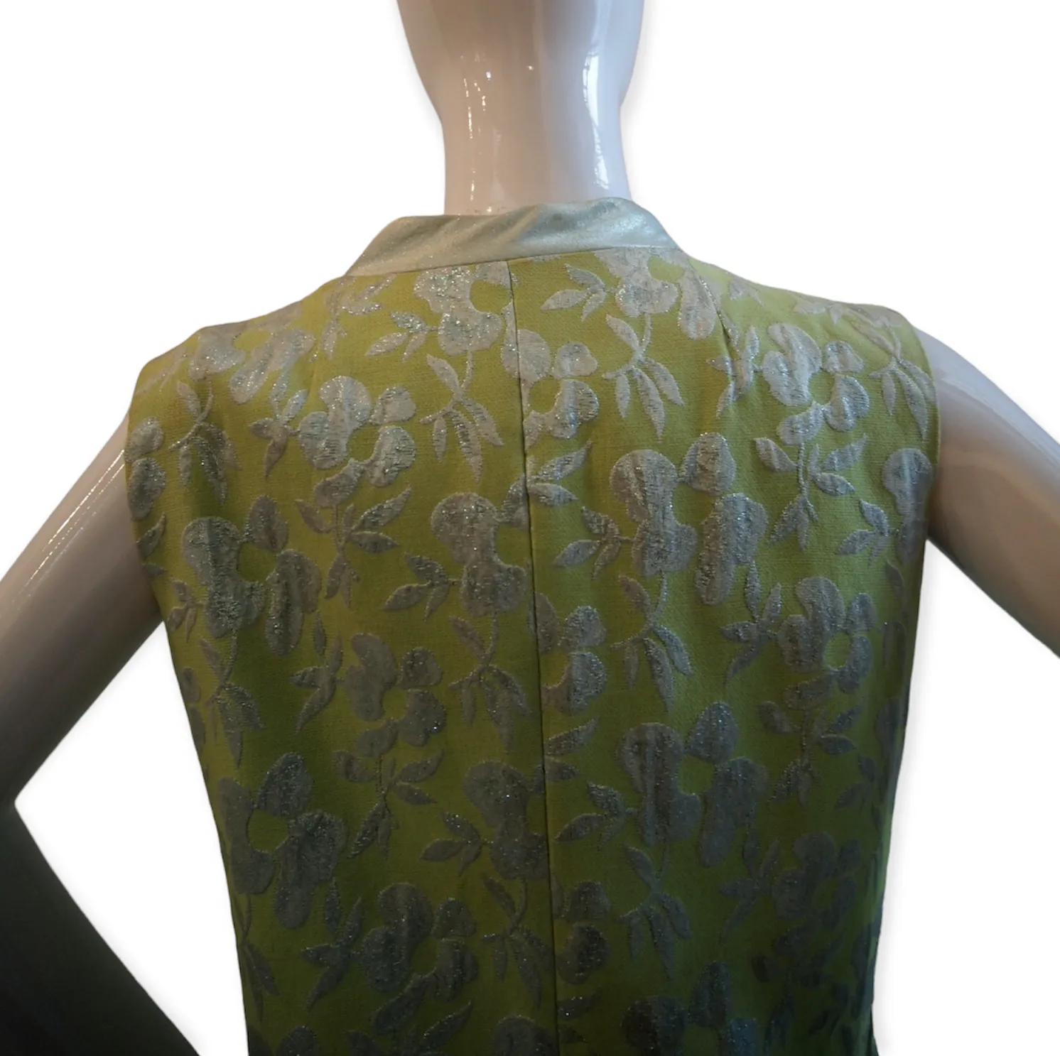Vintage 60s Mod Lime Green & Silver Floral Brocade Dress