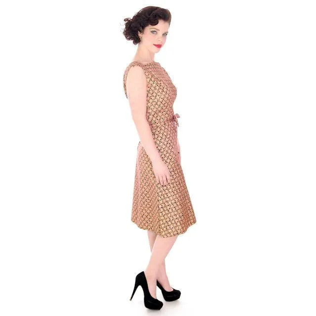 Vintage Adele Simpson Metallic Gold  & Apricot Silk Brocade Cocktail Dress 1950S 38
