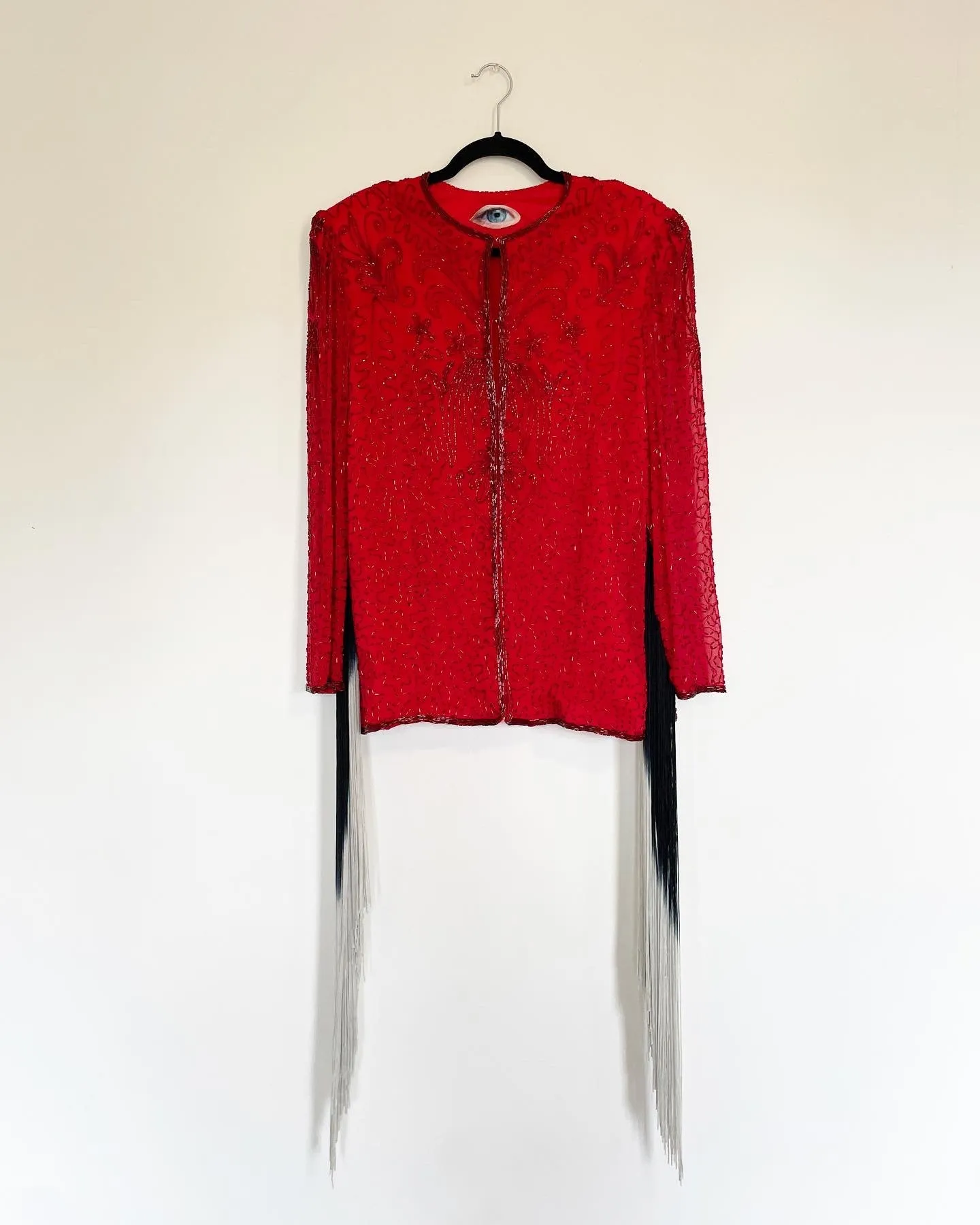 Vintage Beaded Top with Black/Grey Ombre Fringe