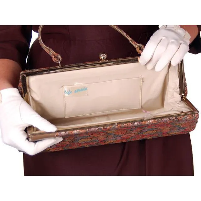 Vintage Brown Metallic Floral Tapestry Bag Purse Long 1950s