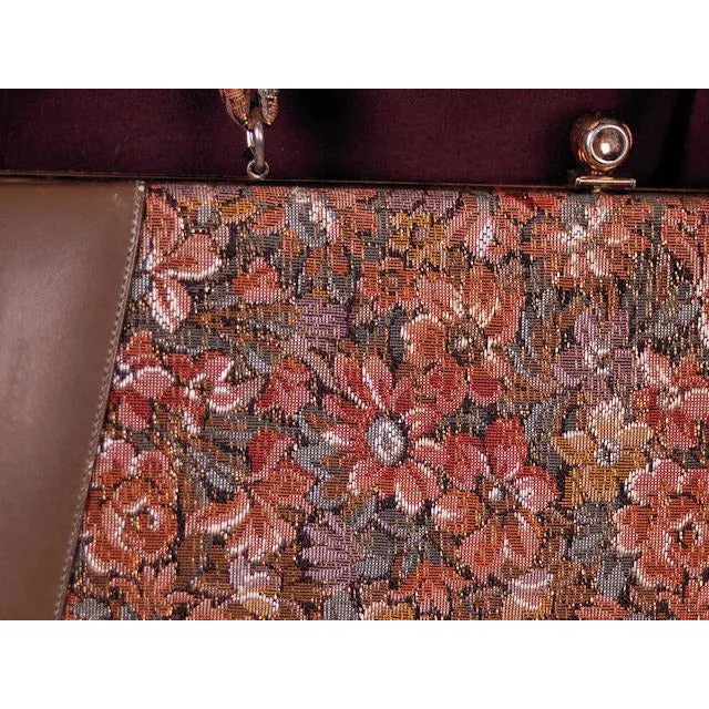 Vintage Brown Metallic Floral Tapestry Bag Purse Long 1950s