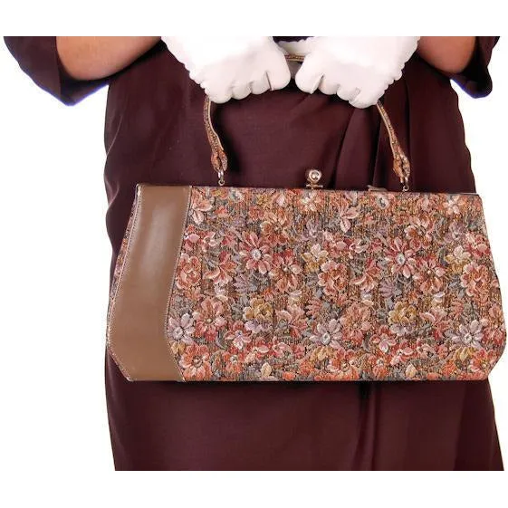 Vintage Brown Metallic Floral Tapestry Bag Purse Long 1950s