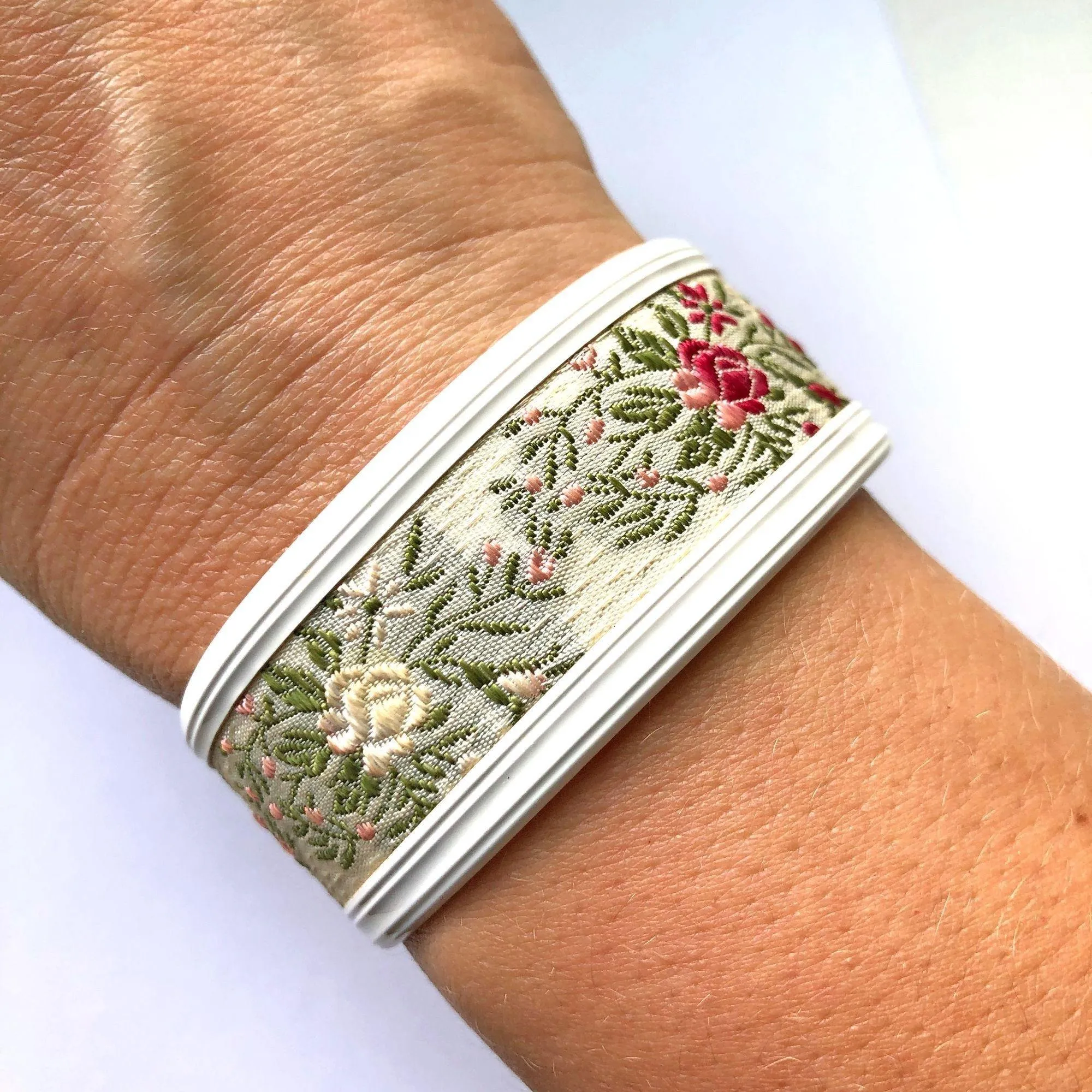 Vintage Floral Tapestry White Cuff Bracelet