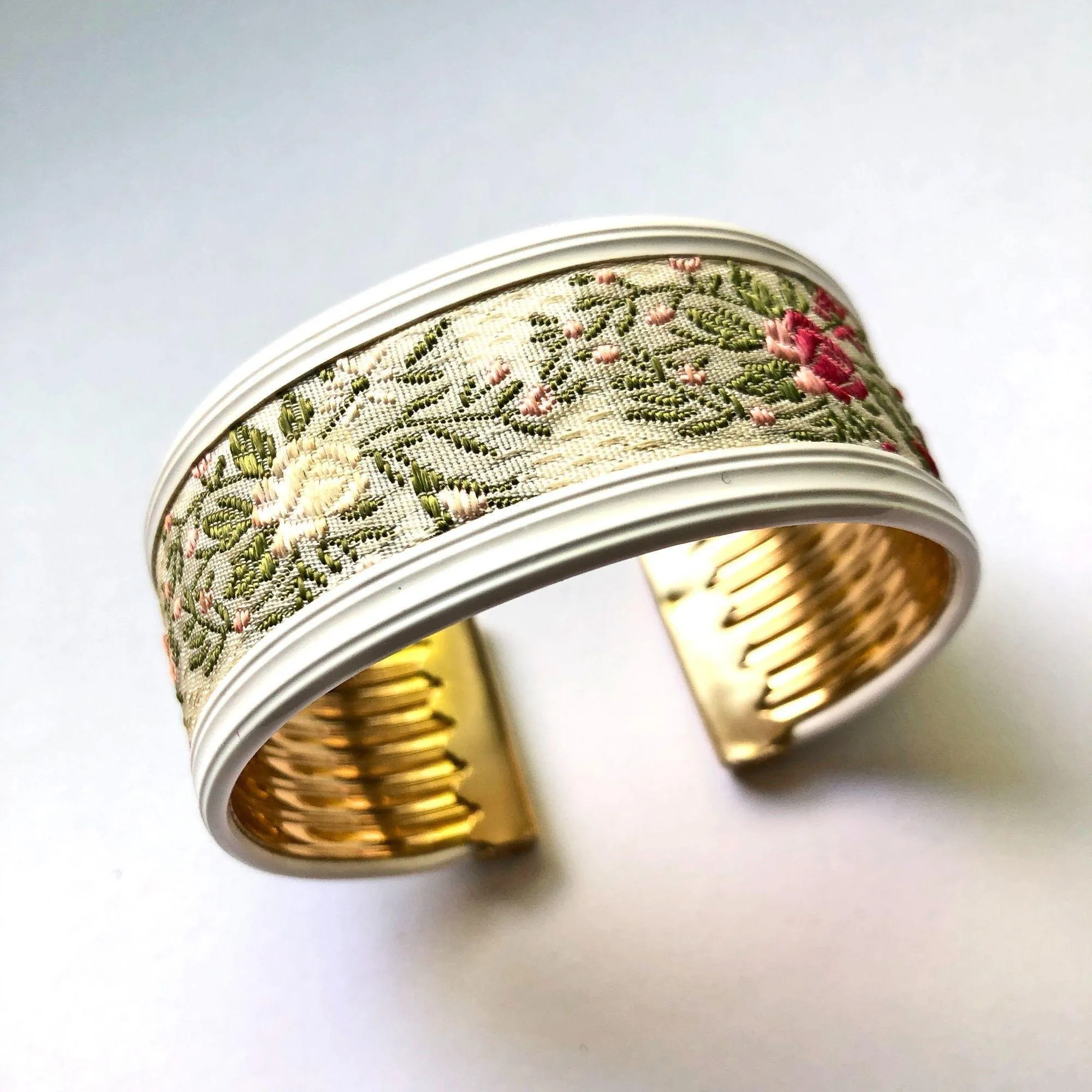 Vintage Floral Tapestry White Cuff Bracelet