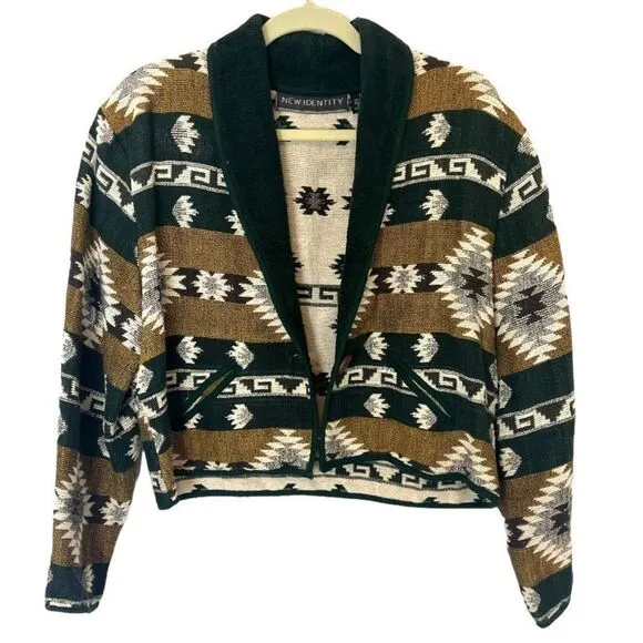 Vintage Green and Yellow Southwestern Aztec Print Crop Tapestry Jacket