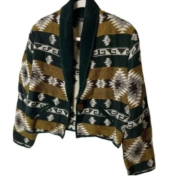Vintage Green and Yellow Southwestern Aztec Print Crop Tapestry Jacket