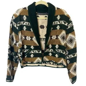 Vintage Green and Yellow Southwestern Aztec Print Crop Tapestry Jacket