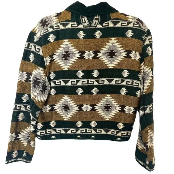 Vintage Green and Yellow Southwestern Aztec Print Crop Tapestry Jacket