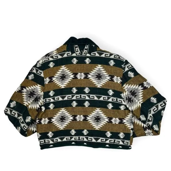 Vintage Green and Yellow Southwestern Aztec Print Crop Tapestry Jacket