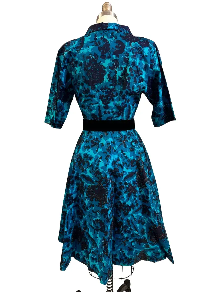 Vintage MCM Cocktail Dress Black & Turquoise Brocade Beaded 1950S Peer 36-26-Free S