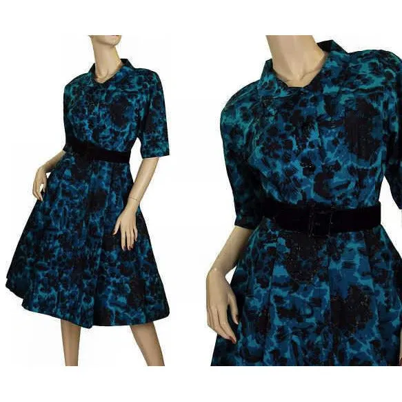 Vintage MCM Cocktail Dress Black & Turquoise Brocade Beaded 1950S Peer 36-26-Free S