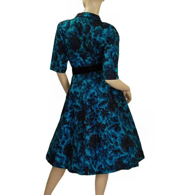 Vintage MCM Cocktail Dress Black & Turquoise Brocade Beaded 1950S Peer 36-26-Free S