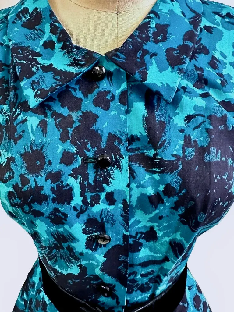 Vintage MCM Cocktail Dress Black & Turquoise Brocade Beaded 1950S Peer 36-26-Free S