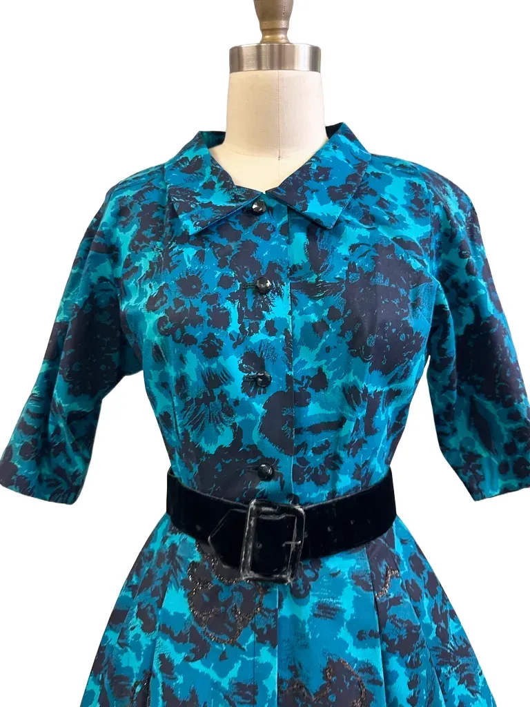 Vintage MCM Cocktail Dress Black & Turquoise Brocade Beaded 1950S Peer 36-26-Free S