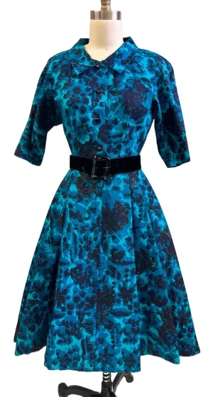 Vintage MCM Cocktail Dress Black & Turquoise Brocade Beaded 1950S Peer 36-26-Free S