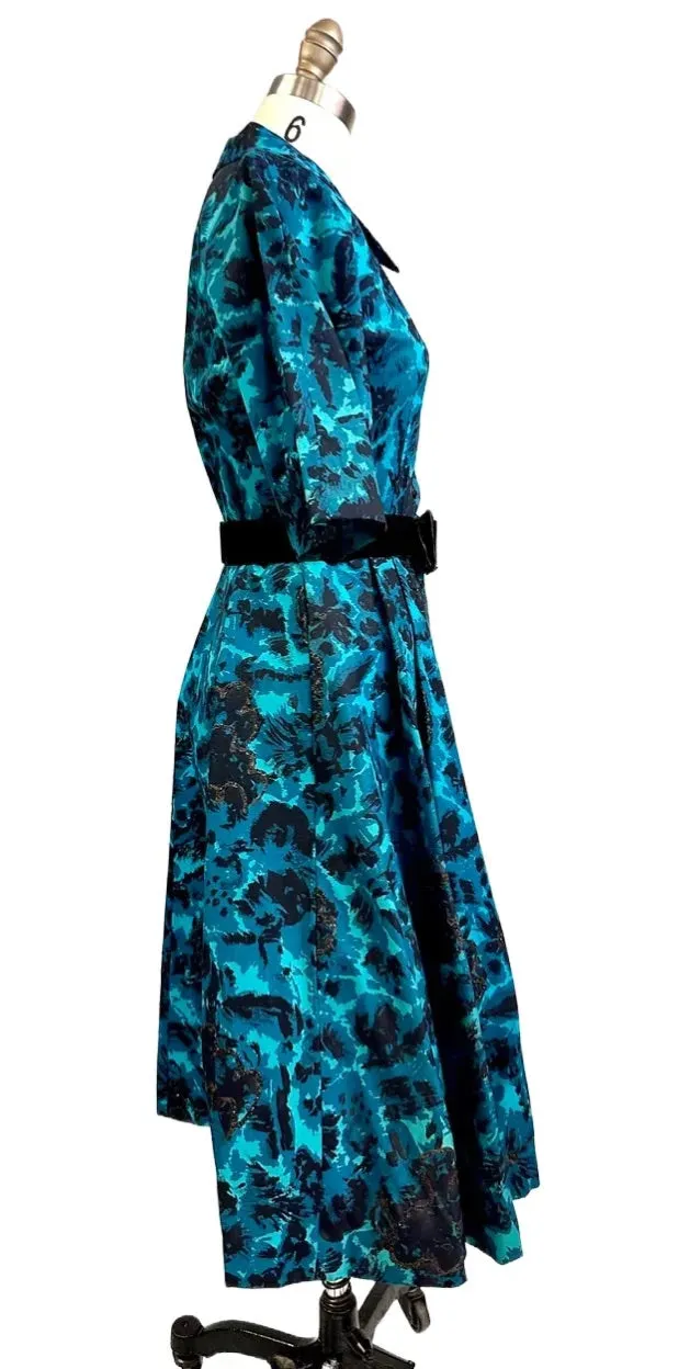 Vintage MCM Cocktail Dress Black & Turquoise Brocade Beaded 1950S Peer 36-26-Free S