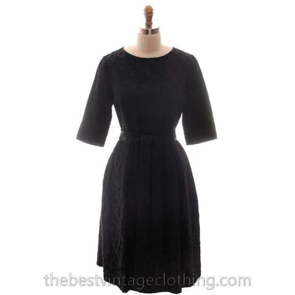 Vintage Retro Black Brocade Cocktail Dress 1950s Medium Sz 40 Hourglass Shape Aure