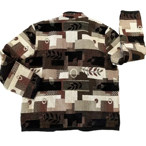 VINTAGE Woven Jacquard Fall Jacket in Black Cream &amp; Watm Neutral Colours, M