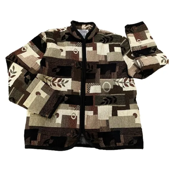 VINTAGE Woven Jacquard Fall Jacket in Black Cream &amp; Watm Neutral Colours, M