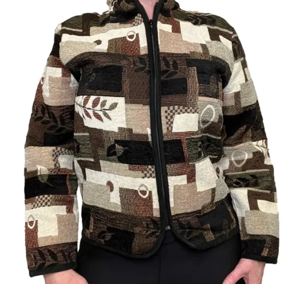 VINTAGE Woven Jacquard Fall Jacket in Black Cream &amp; Watm Neutral Colours, M