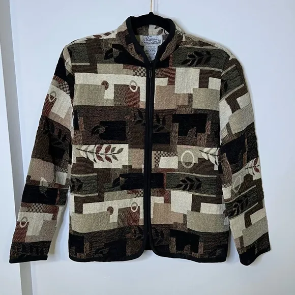 VINTAGE Woven Jacquard Fall Jacket in Black Cream &amp; Watm Neutral Colours, M