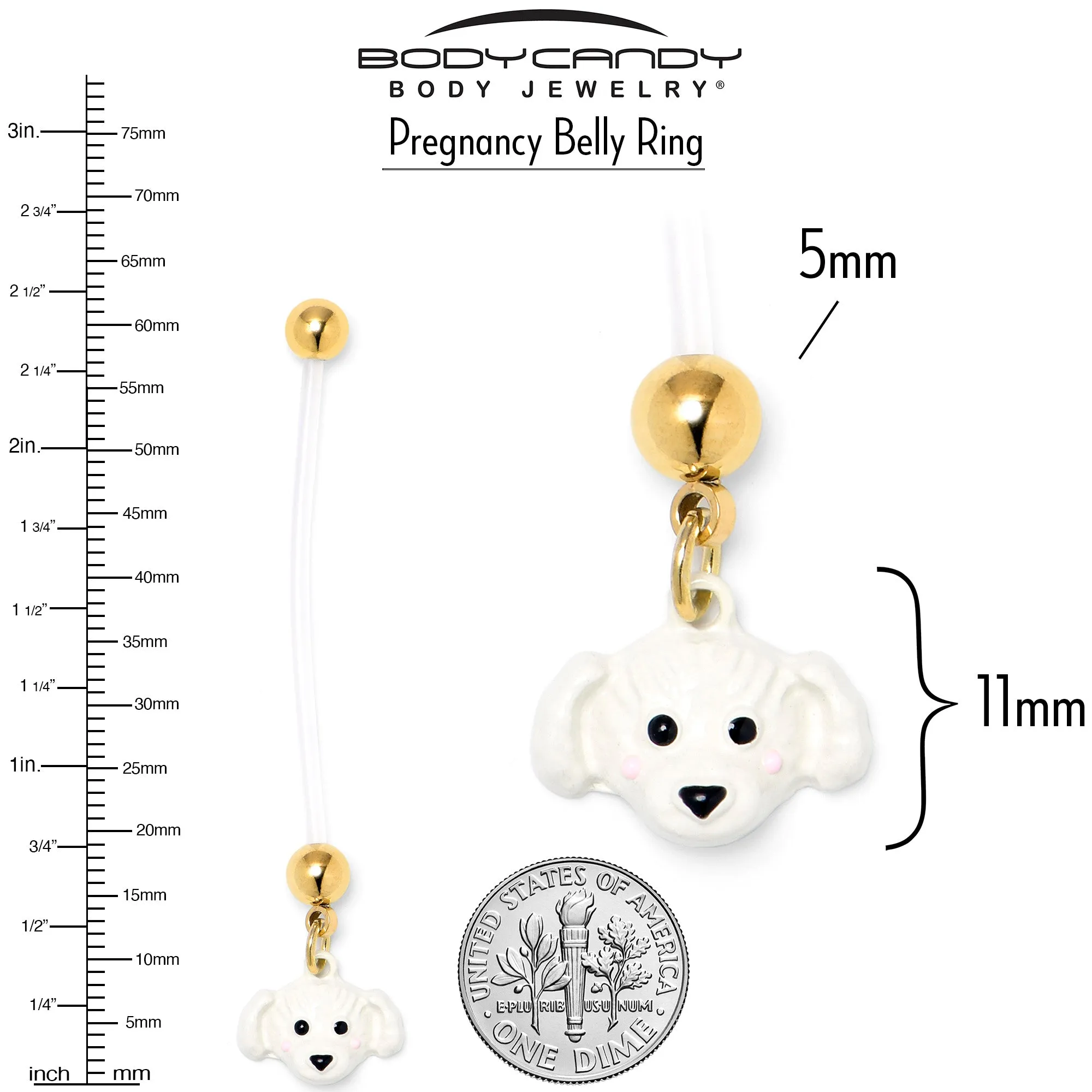 White Puppy Dog Face Dangle PTFE Pregnancy Belly Ring