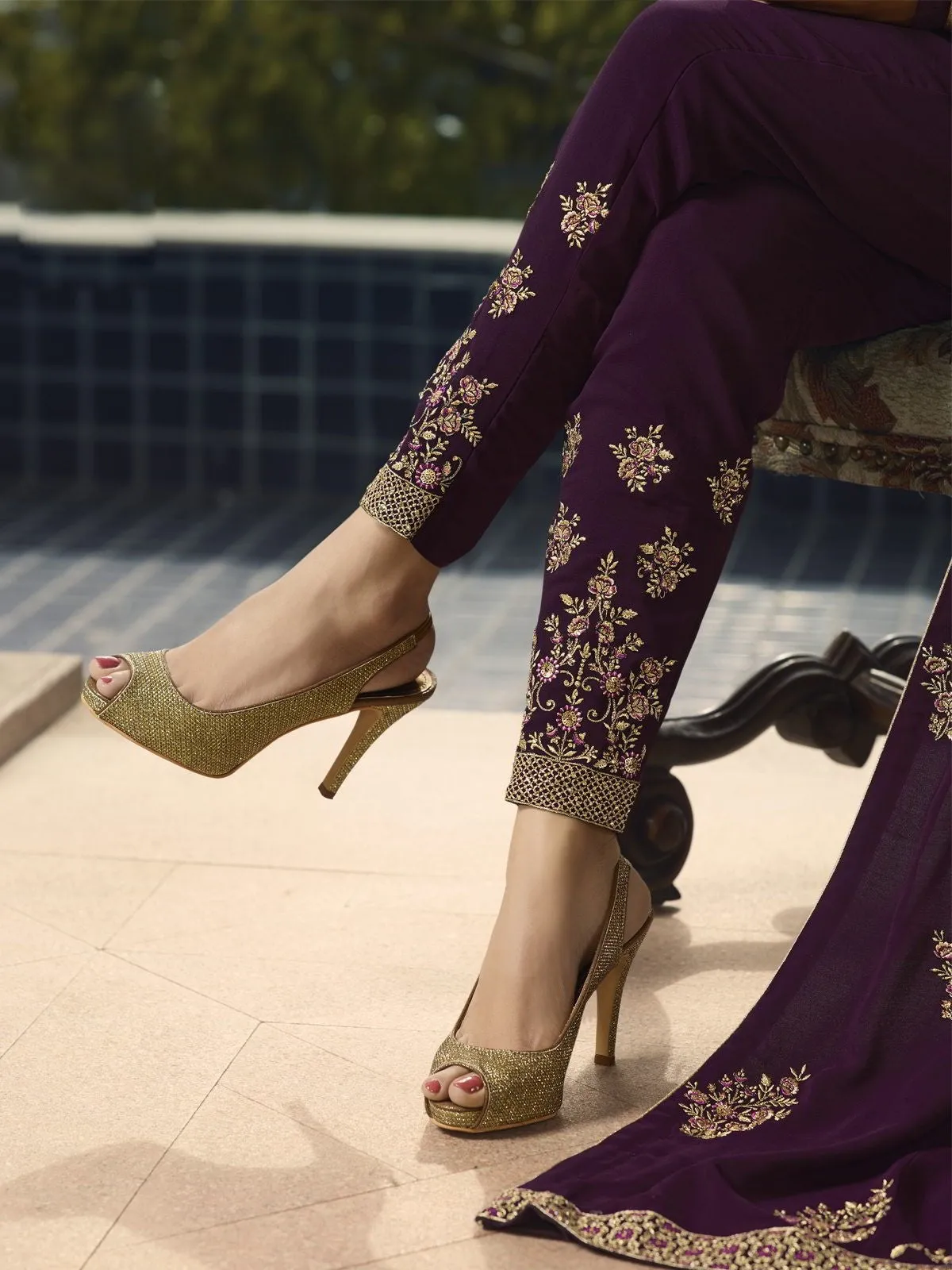 Wine Purple Golden Embroidered Anarkali Pant Suit