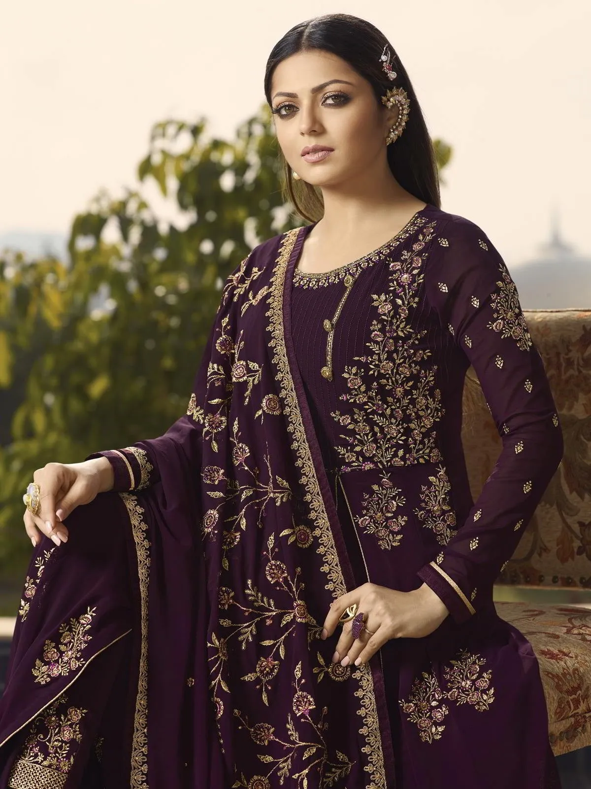 Wine Purple Golden Embroidered Anarkali Pant Suit
