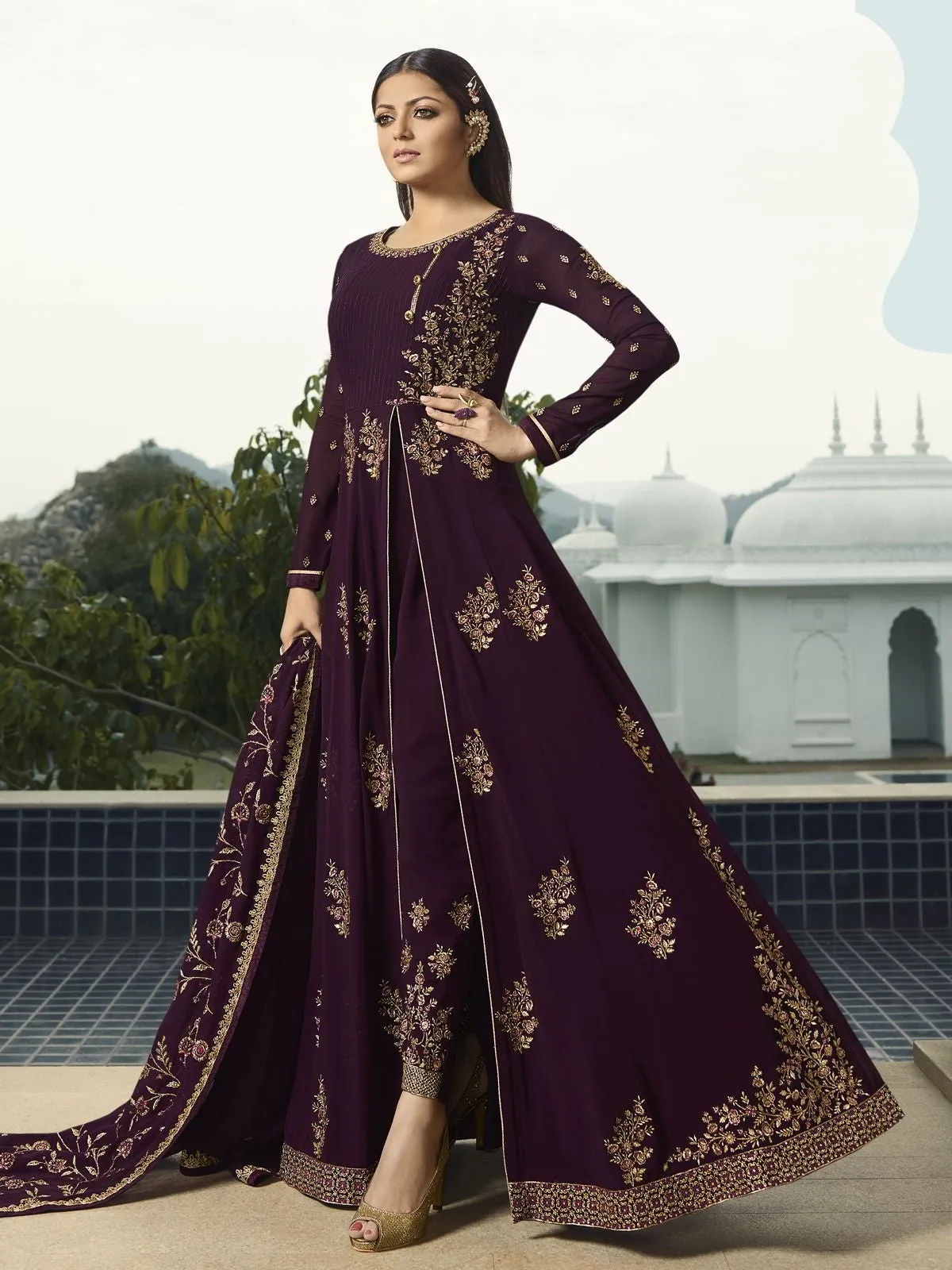 Wine Purple Golden Embroidered Anarkali Pant Suit