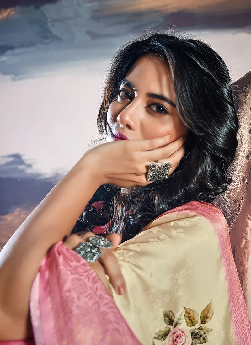 Yellow And Pink Brocade Weaved Satin Silk Saree