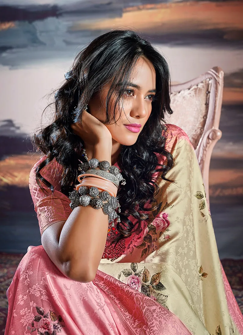 Yellow And Pink Brocade Weaved Satin Silk Saree
