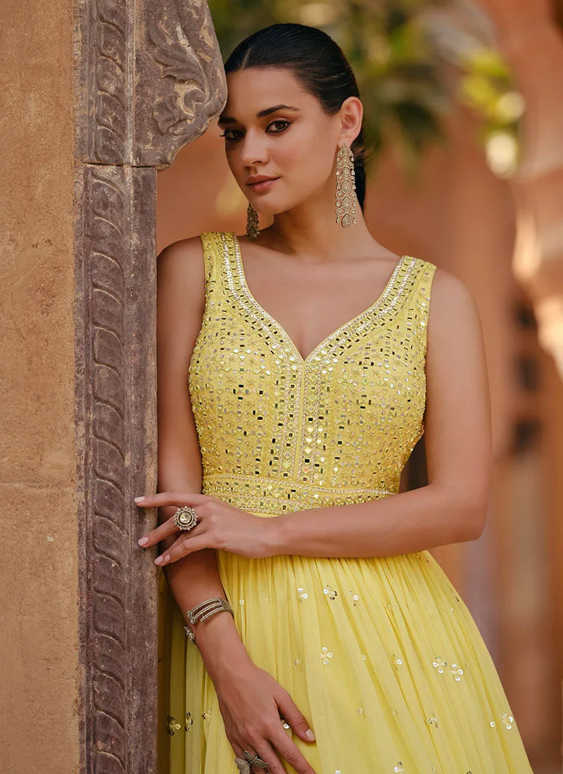 Yellow Lucknowi Foil Mirror Work Embroidery Anarkali Gown