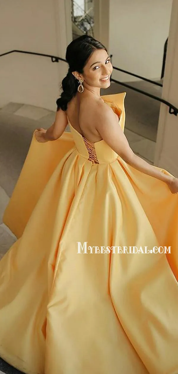 Yellow Straight A-line Satin Simple Long Prom Dresses, BG0260