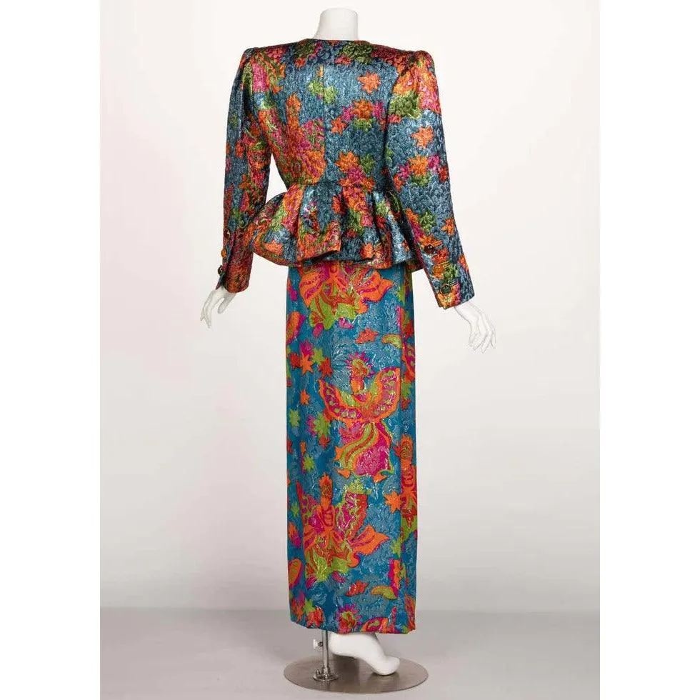 YVES SAINT LAURENT Silk Brocade Jacket Butterfly Skirt Ensemble Runway, 1989 | Size 40